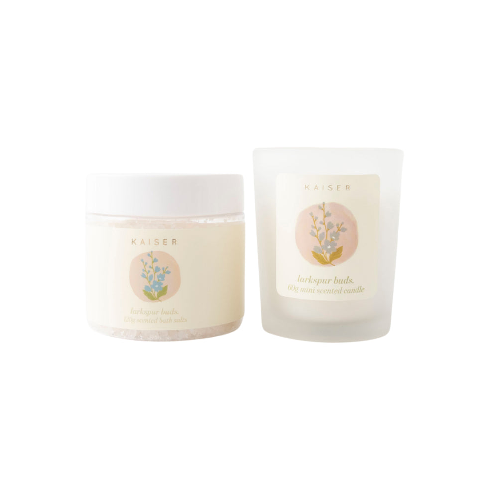 Flower Beauty Candle & Bath Salt Set Mini Birth Flower - LARKSPUR